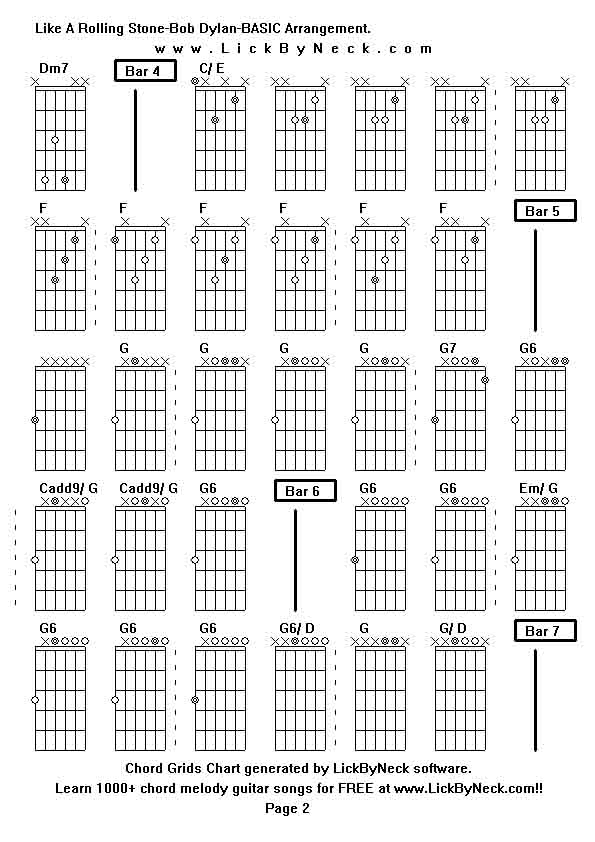 Chord Grids Chart of chord melody fingerstyle guitar song-Like A Rolling Stone-Bob Dylan-BASIC Arrangement,generated by LickByNeck software.